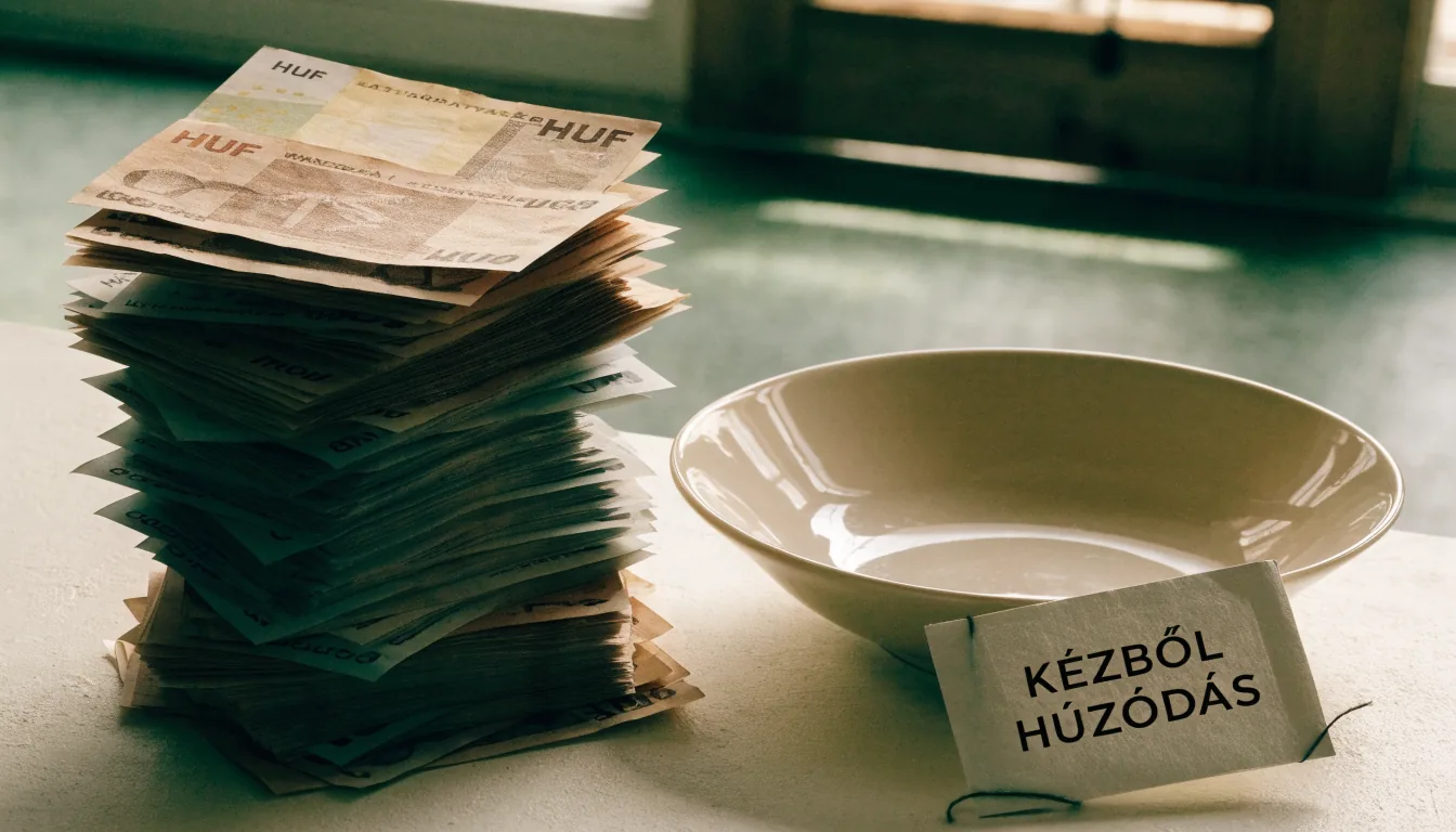Forintbankjegyek kupac és üres kerámia tál az asztalon