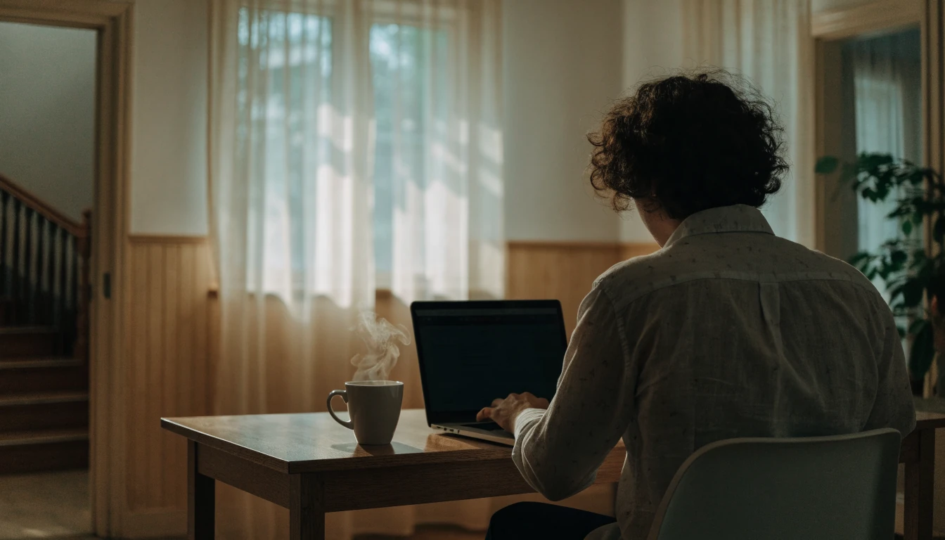Személy a laptopjával otthonában, nyugodt, privát pillanat
